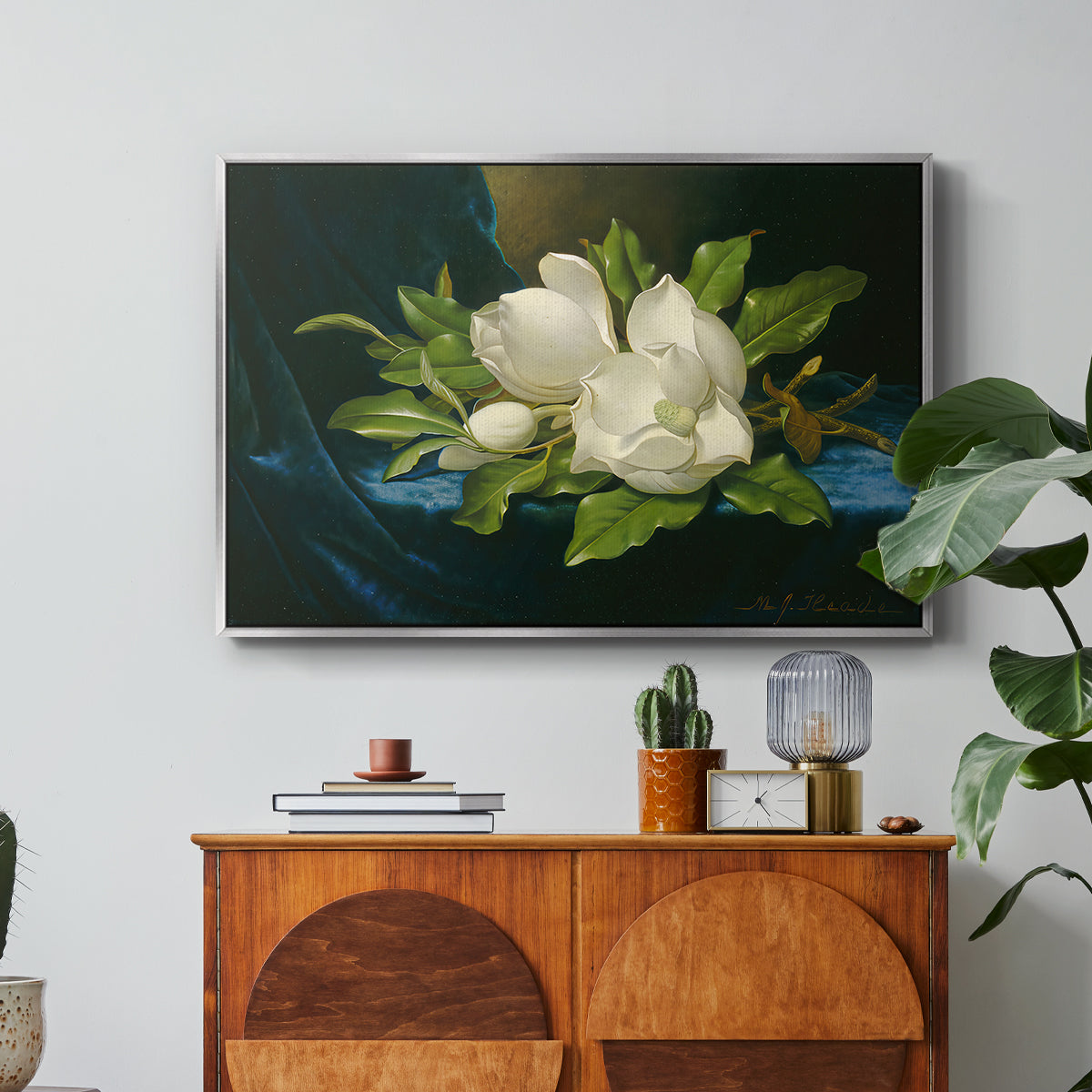 Giant Magnolias on a Blue Velvet Cloth, c. 1890 - Floater Framed Canvas Print