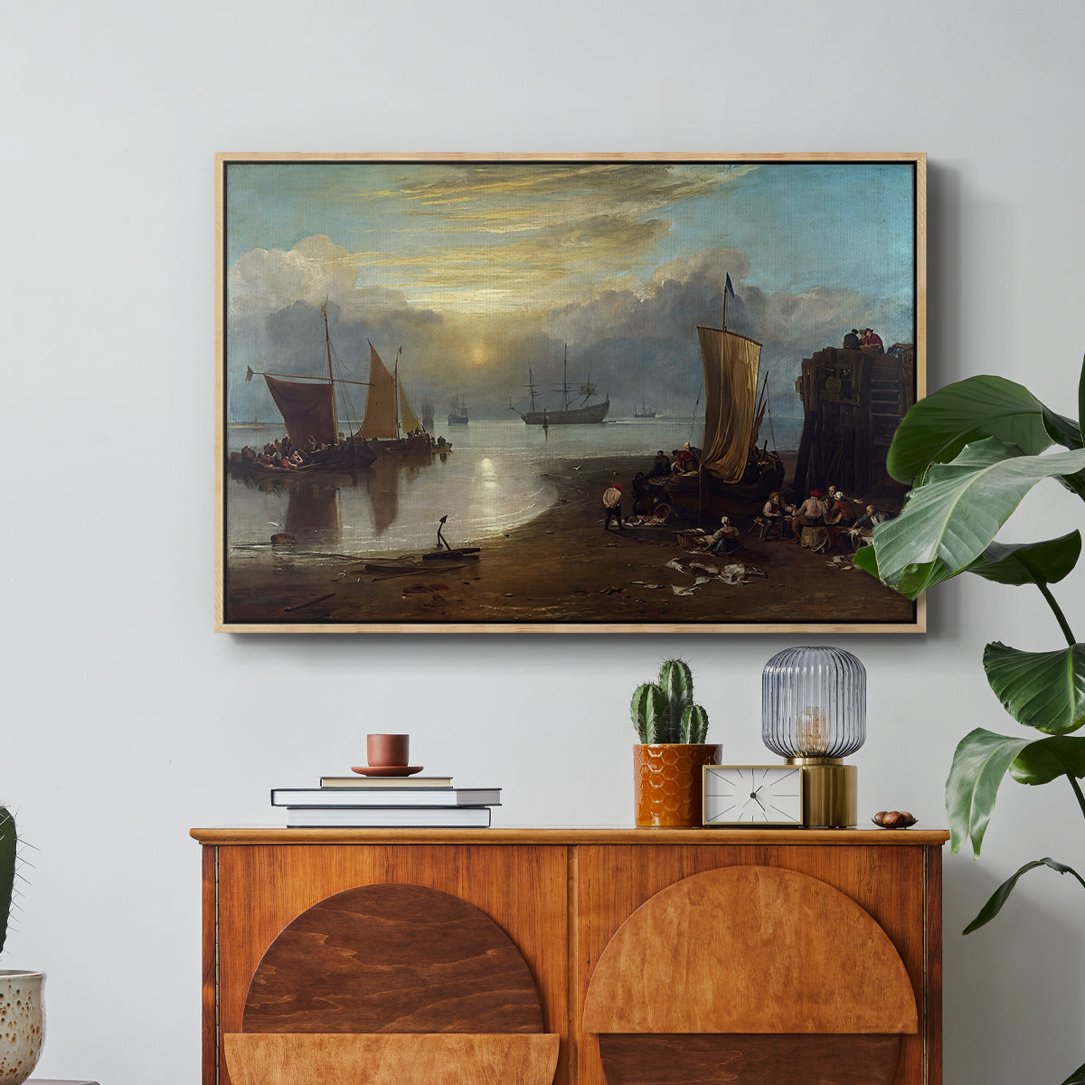 Sun Rising through Vapour: Fishermen Cleaning and Selling Fish, c. 1807 - Floater Framed Canvas Print