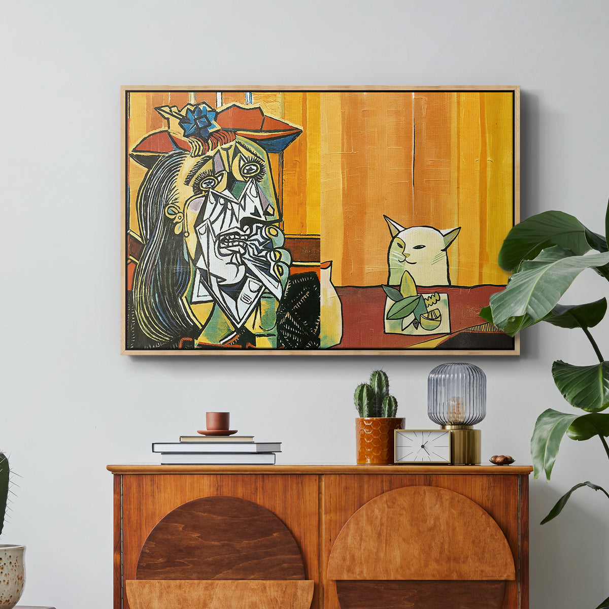 Woman Yelling at a Cat Meme (Picasso Parody) - Floater Framed Canvas Print