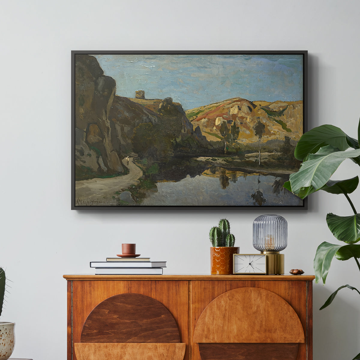 River Landscape with Cliffs, c. 1850-1860 - Floater Framed Canvas Print