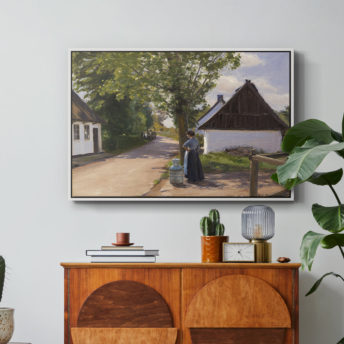 Danish Village Street with Woman and Milkman, 1880 - Floater Framed Canvas Print