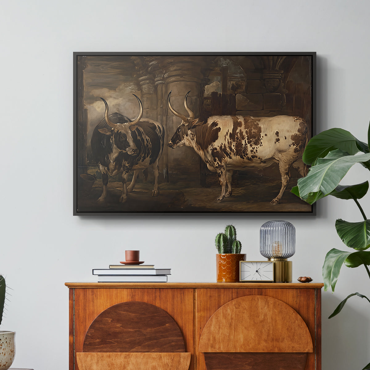 Portraits of Two Extraordinary Oxen, Property of the Earl of Powis, 1814 - Floater Framed Canvas Print