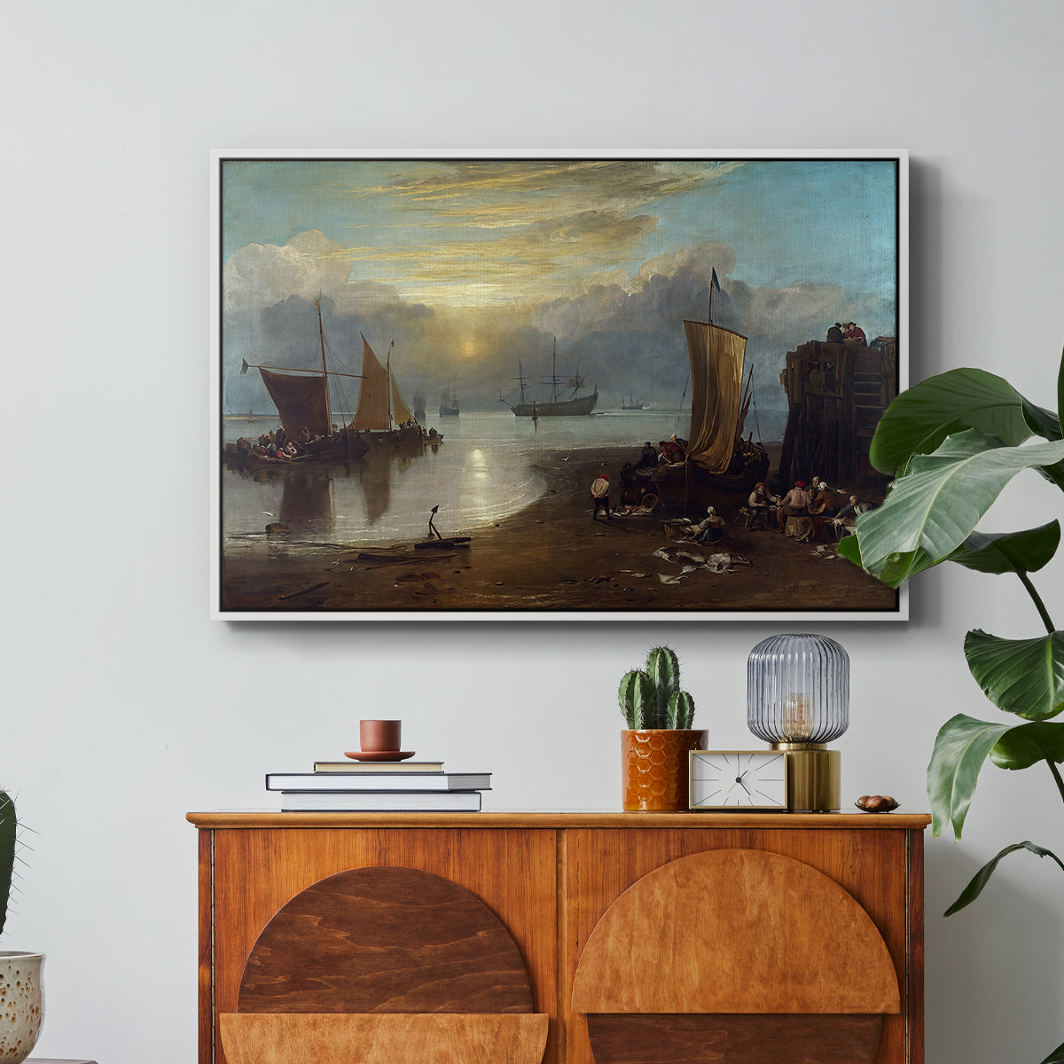 Sun Rising through Vapour: Fishermen Cleaning and Selling Fish, c. 1807 - Floater Framed Canvas Print