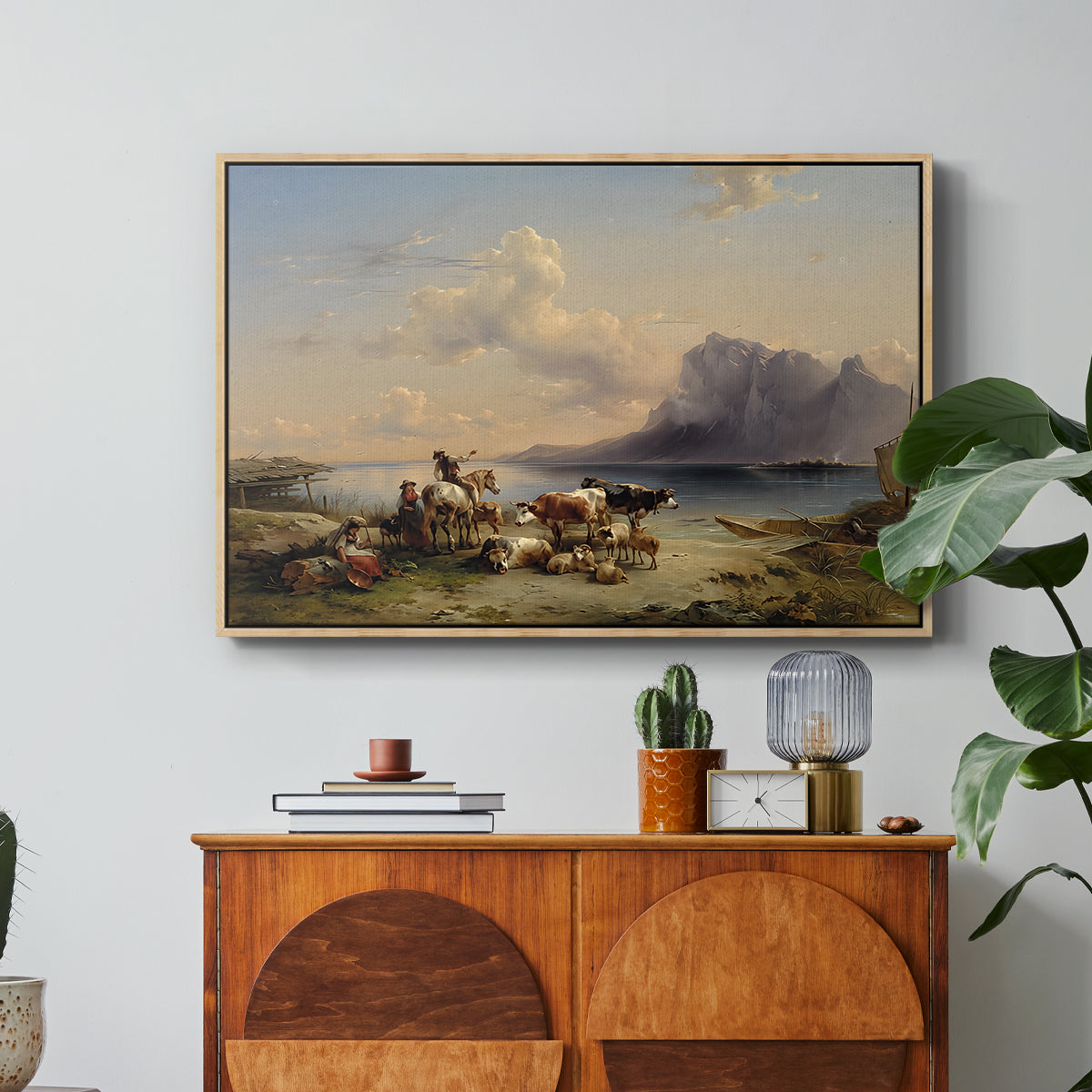 Shepherds and Cattle on Lake Attersee, 1852 - Floater Framed Canvas Print