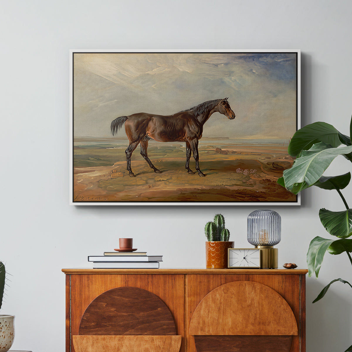 Dr. Syntax, a Bay Racehorse, Standing in a Coastal Landscape, an Estuary Beyond, c. 1820 - Floater Framed Canvas Print