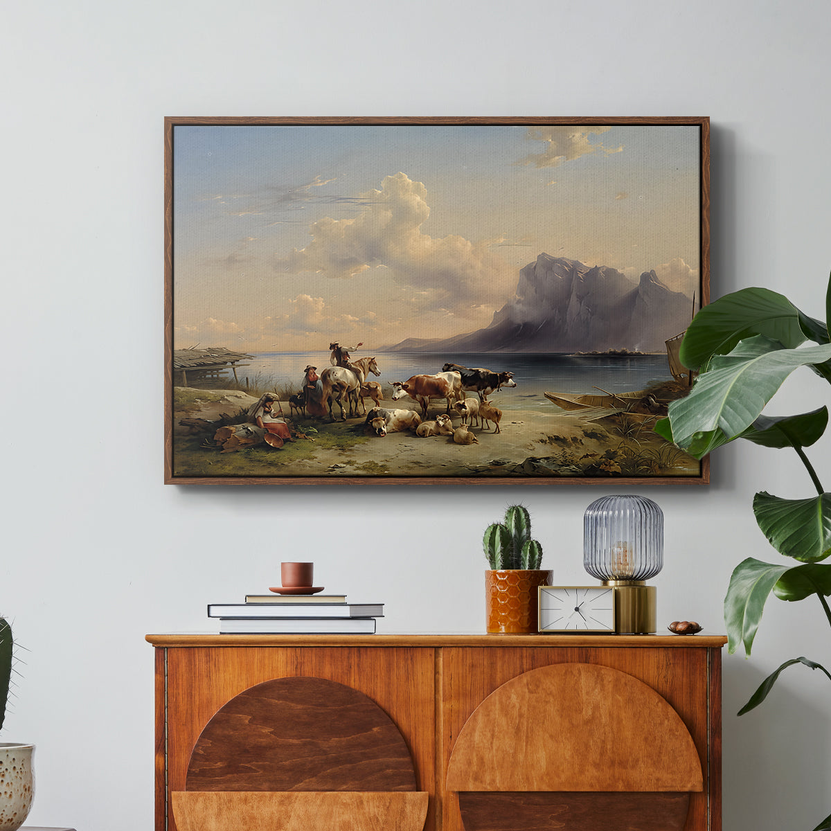 Shepherds and Cattle on Lake Attersee, 1852 - Floater Framed Canvas Print
