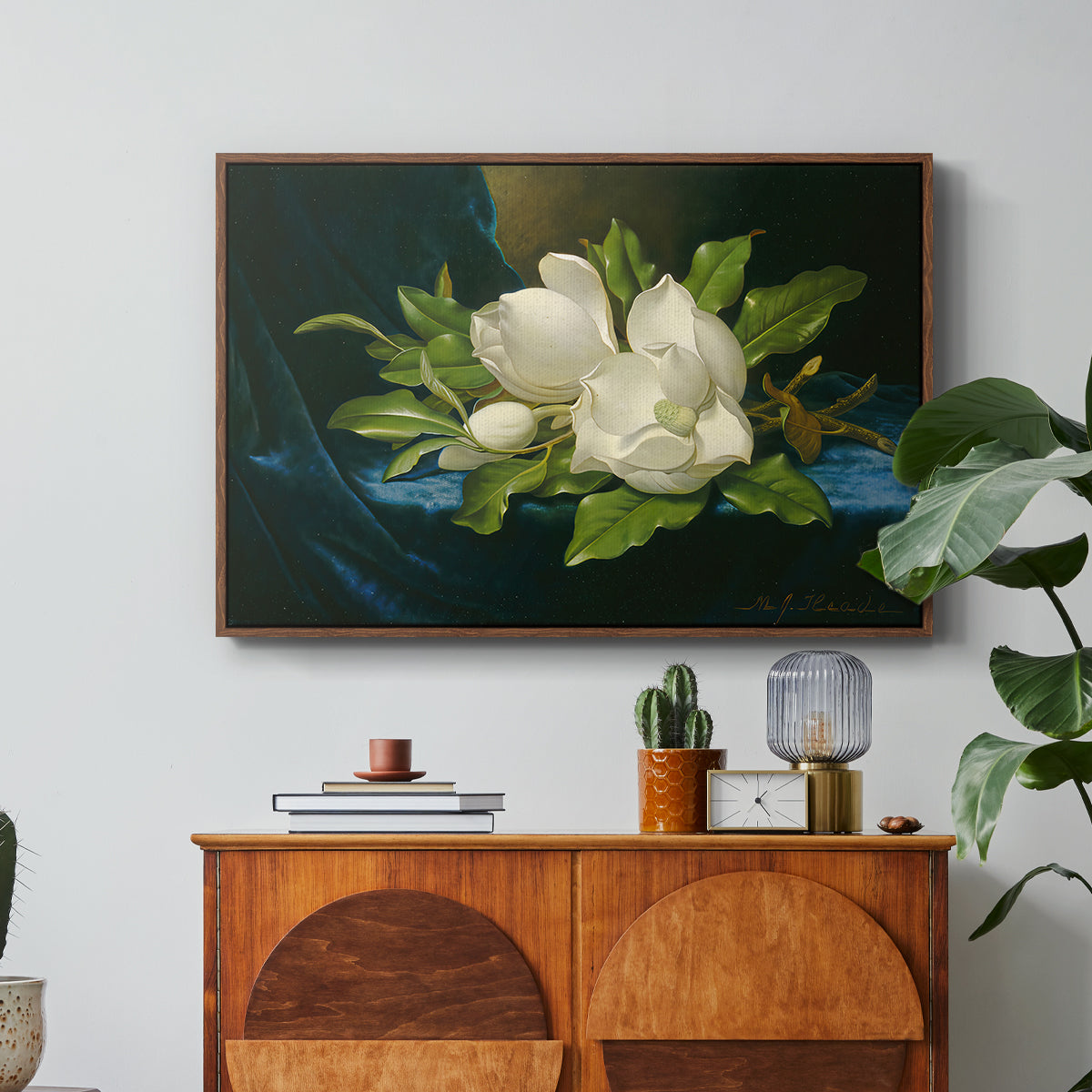 Giant Magnolias on a Blue Velvet Cloth, c. 1890 - Floater Framed Canvas Print