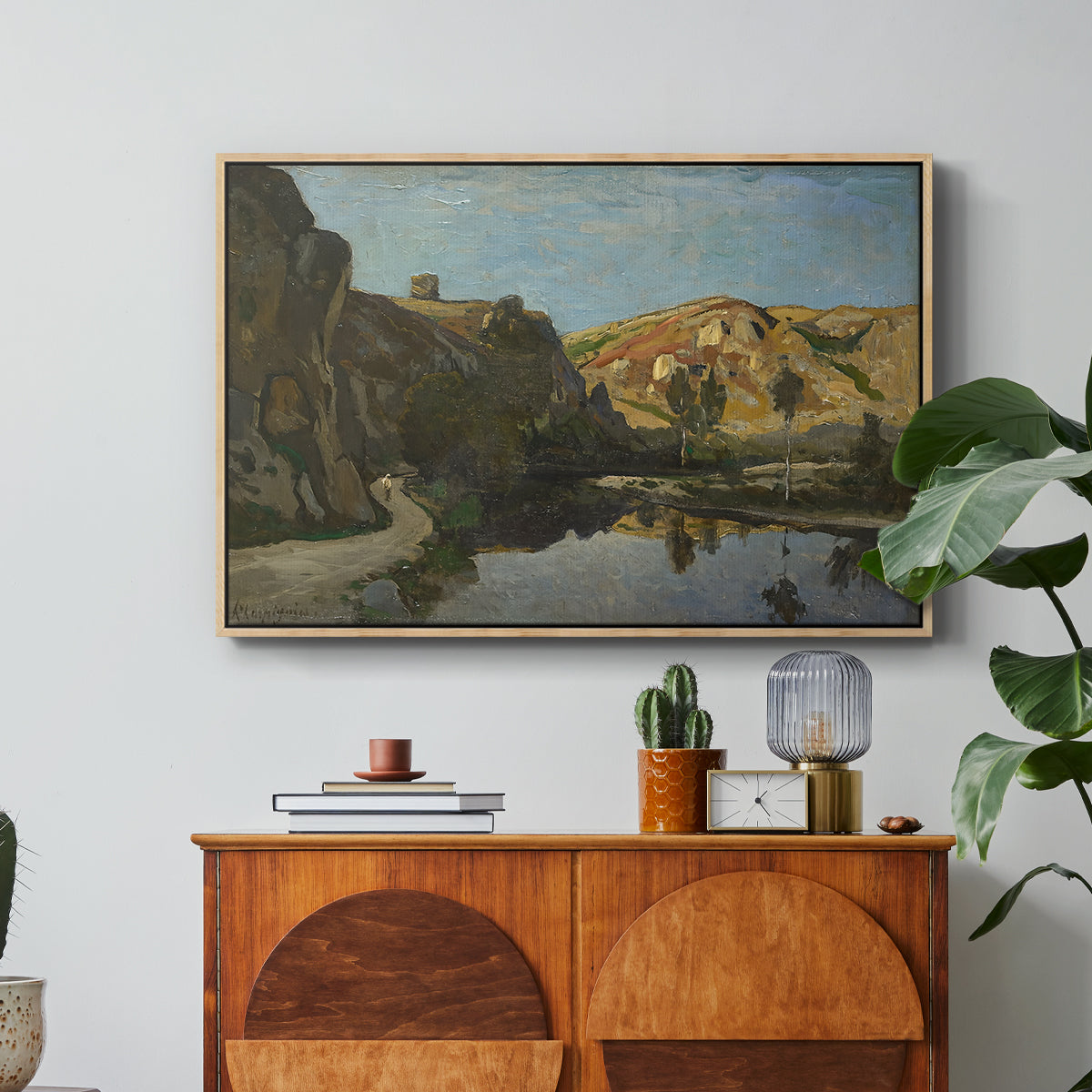 River Landscape with Cliffs, c. 1850-1860 - Floater Framed Canvas Print