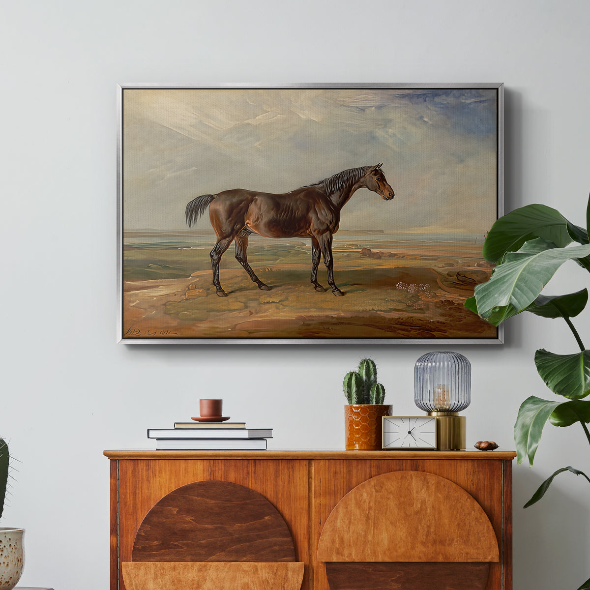 Dr. Syntax, a Bay Racehorse, Standing in a Coastal Landscape, an Estuary Beyond, c. 1820 - Floater Framed Canvas Print