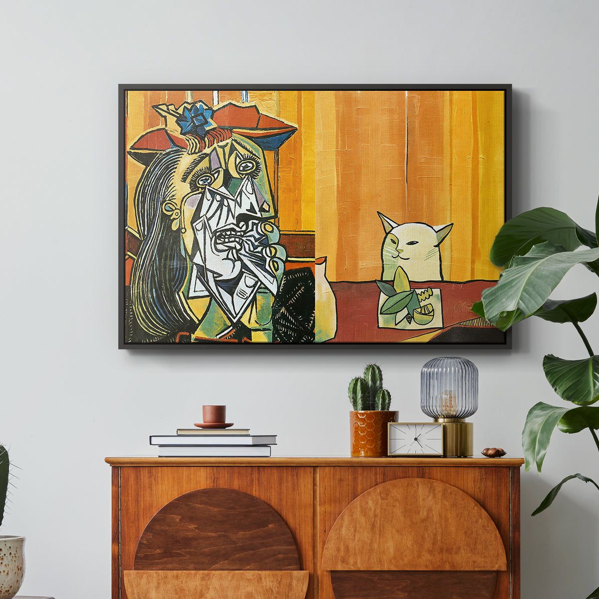 Woman Yelling at a Cat Meme (Picasso Parody) - Floater Framed Canvas Print