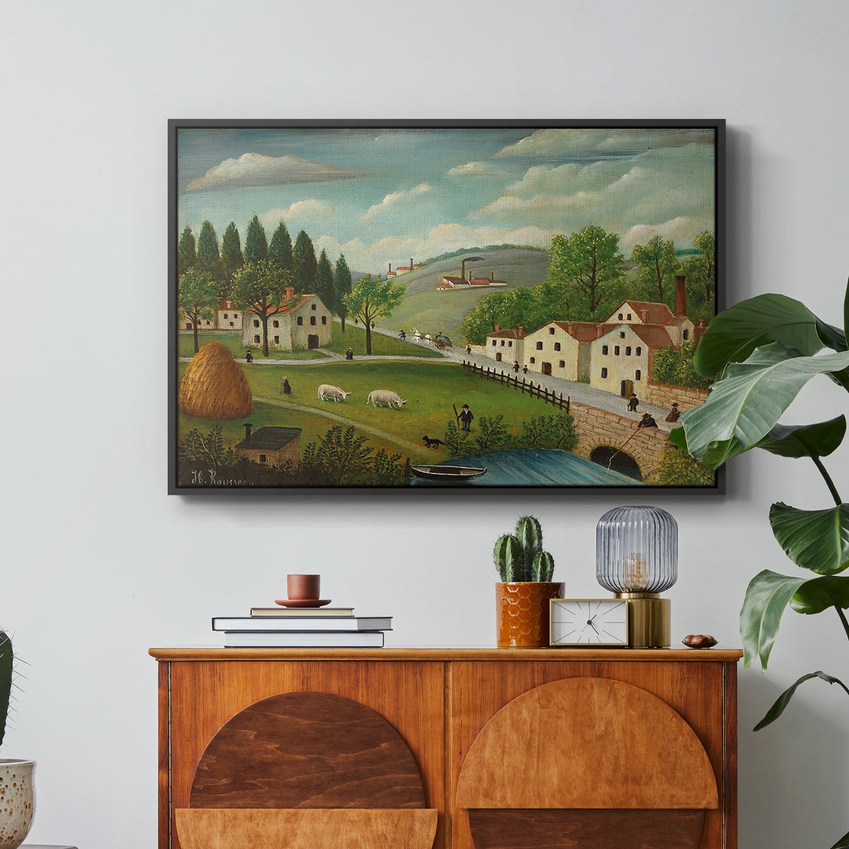 Pastoral Landscape with Stream, Fisherman and Strollers, 1875-1880 - Floater Framed Canvas Print