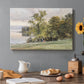 Canvas art print featuring a lakeside landscape with calm water and trees along shoreline, set in a cozy kitchen setting
