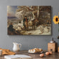 Canvas art print featuring a group of hunters and dogs gathered after hunt in countryside, set in a cozy kitchen setting