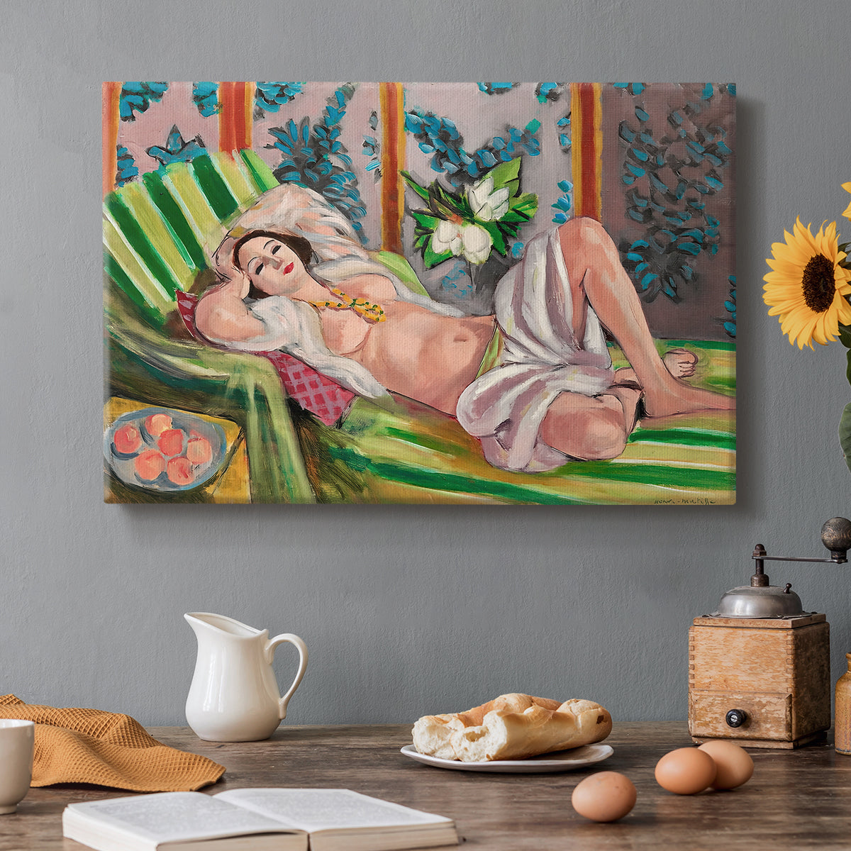 Canvas art print featuring a reclining odalisque surrounded by floral and magnolia patterns, set in a cozy kitchen setting