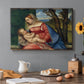 Canvas art print featuring a Madonna cradling child in close devotional scene with rich blue and red garments, set in a cozy kitchen setting