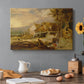Canvas art print featuring a watermill structure beside flowing stream in rural landscape, set in a cozy kitchen setting