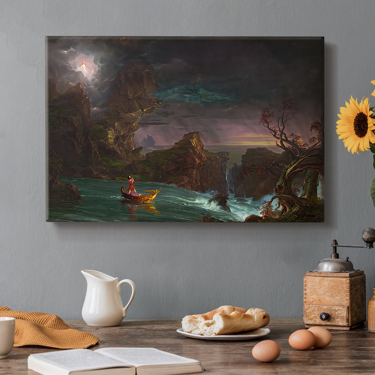 Canvas art print featuring a stylized composition showcasing architectural history, set in a cozy kitchen setting