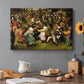 Canvas art print featuring figures dancing in crowded outdoor scene, set in a cozy kitchen setting