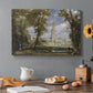 Canvas art print featuring a cathedral rising above landscape with trees, set in a cozy kitchen setting
