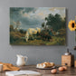 Canvas art print featuring grazing livestock resting in open heath landscape, set in a cozy kitchen setting