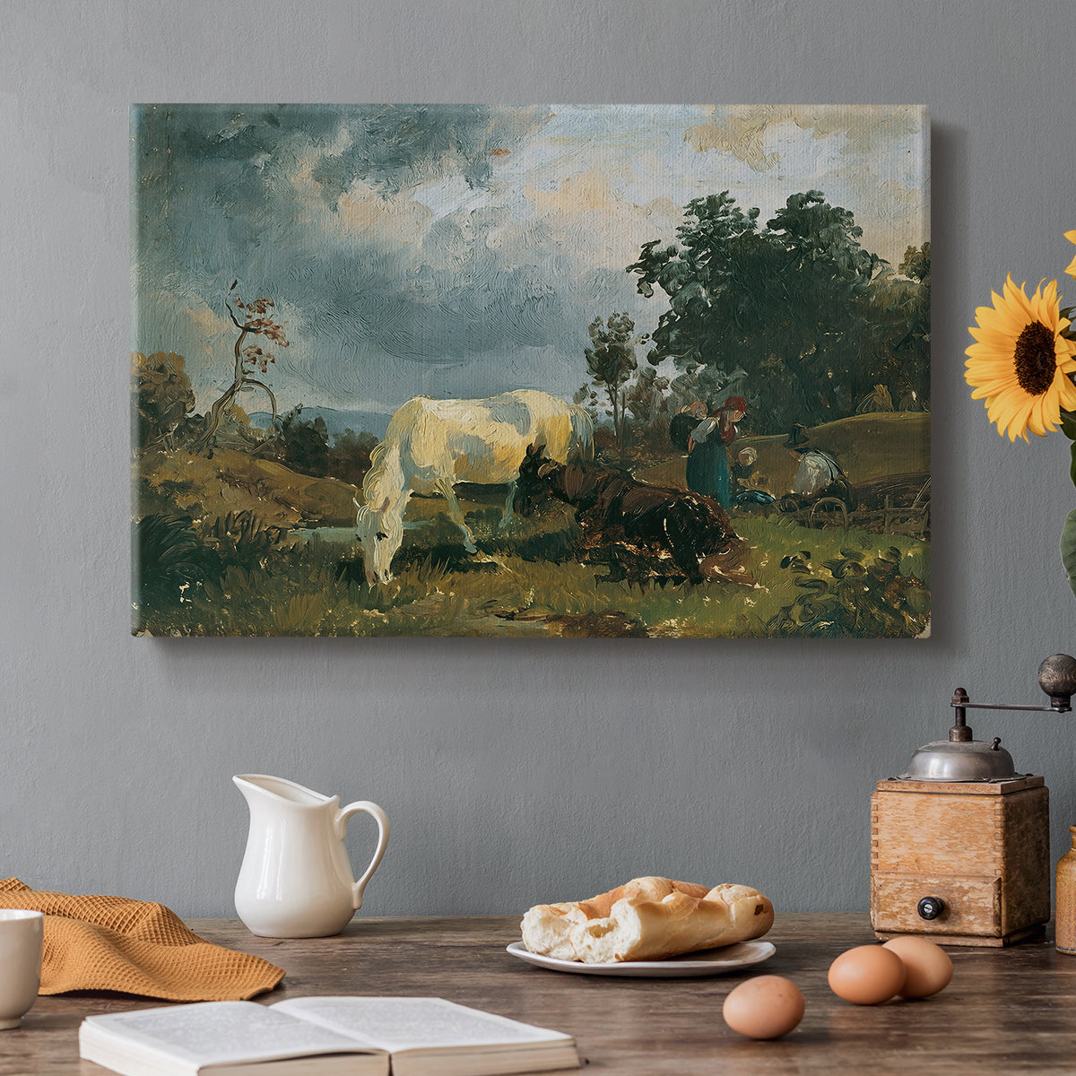 Canvas art print featuring grazing livestock resting in open heath landscape, set in a cozy kitchen setting