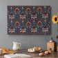 Canvas art print featuring a repeating pattern of stylized flowers with curved stems in contrasting indigo and red tones, set in a cozy kitchen setting