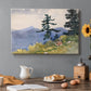 Canvas art print featuring a quiet forest clearing with trees and distant structure in natural setting, set in a cozy kitchen setting
