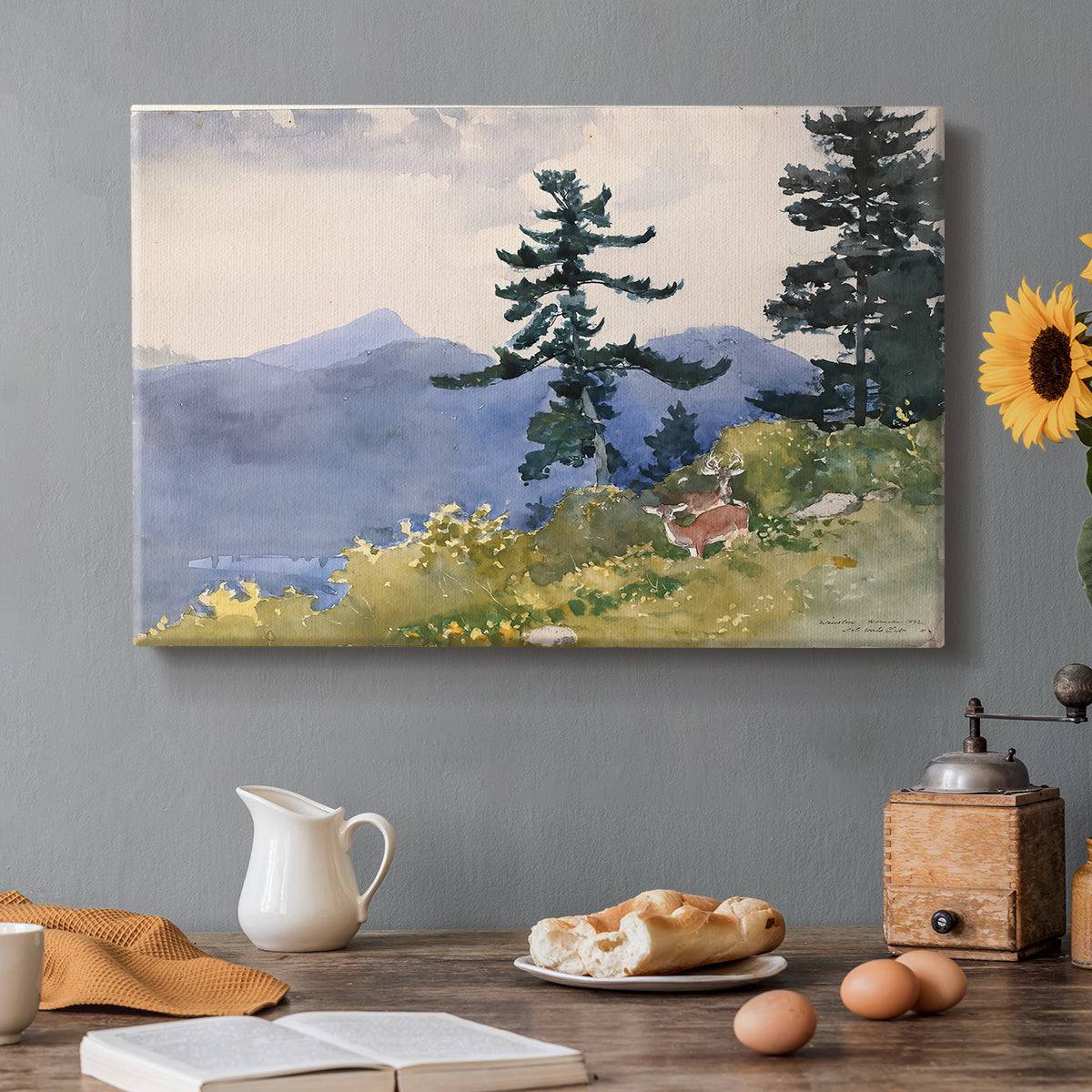 Canvas art print featuring a quiet forest clearing with trees and distant structure in natural setting, set in a cozy kitchen setting