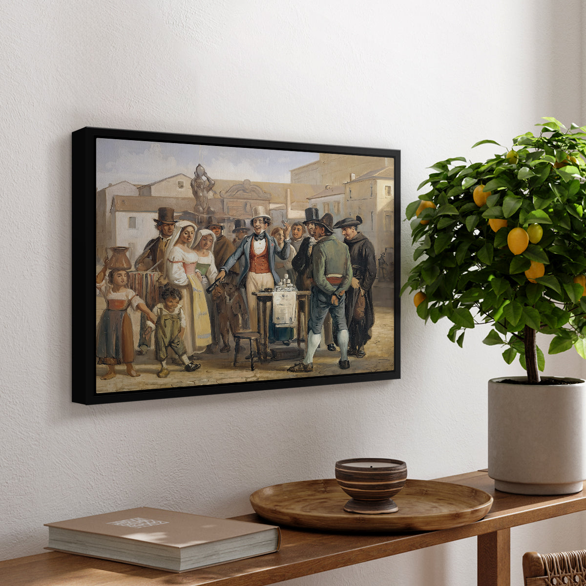A Charlatan Selling Blacking in the Piazza Barberini in Rome, c. 1840-1849 - Floater Framed Canvas Print