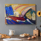 Canvas art print featuring abstracted figures and horses suggested through sweeping lines and vibrant colors, set in a cozy kitchen setting