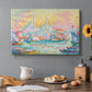Canvas art print featuring a harbor with city skyline and boats, set in a cozy kitchen setting