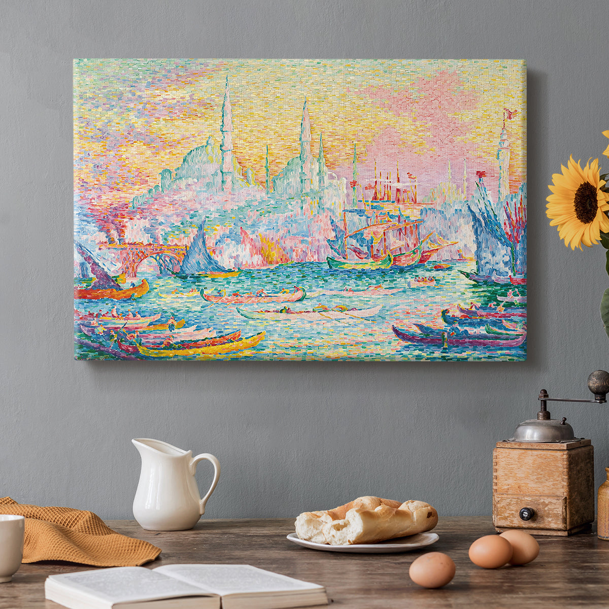 Canvas art print featuring a harbor with city skyline and boats, set in a cozy kitchen setting