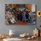 Canvas art print featuring a large group gathered in temple interior around central young figure, set in a cozy kitchen setting