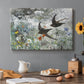 Canvas art print featuring a flock of birds in flight soaring across open sky above landscape, set in a cozy kitchen setting