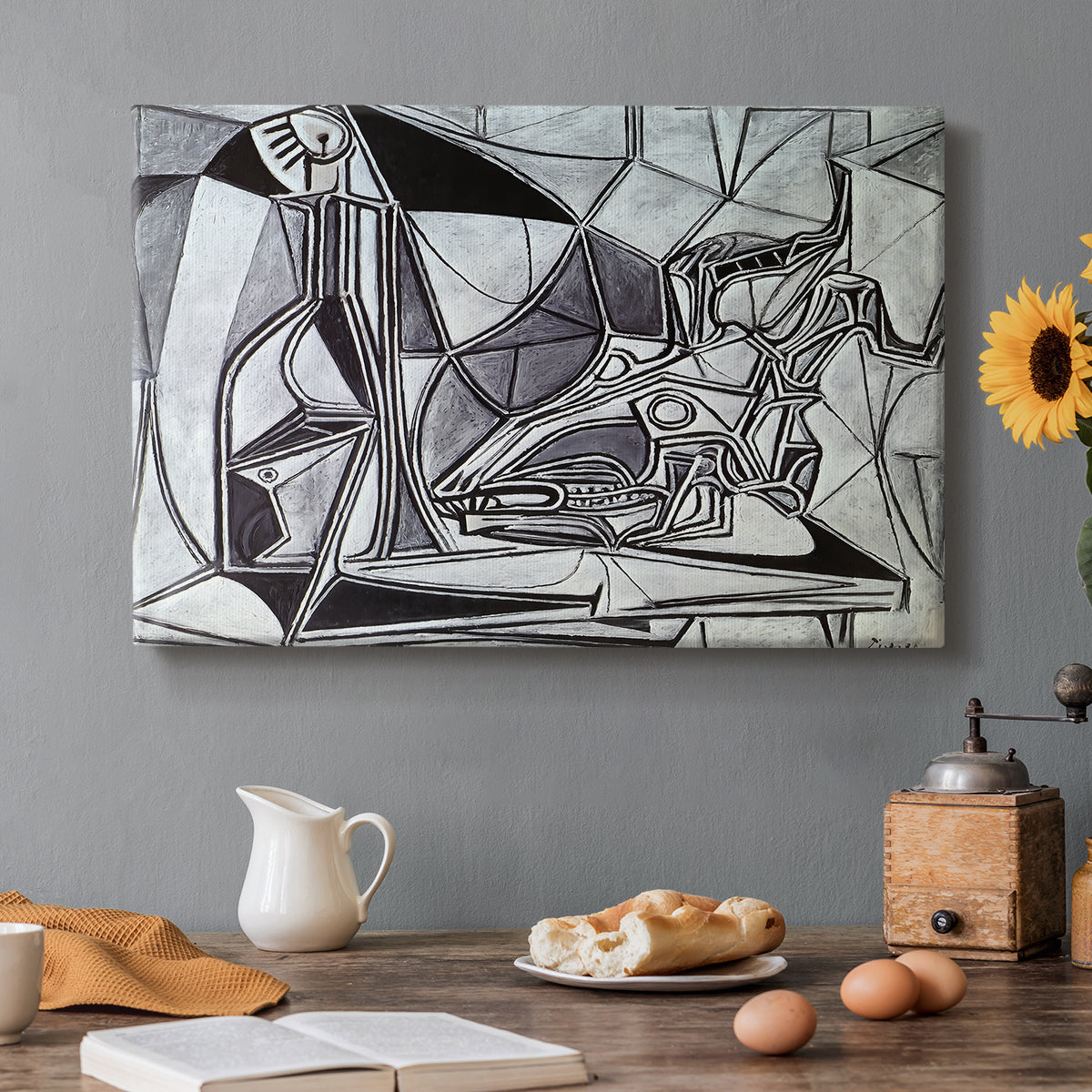 Canvas art print featuring an abstract still life with skull bottle and candle, set in a cozy kitchen setting