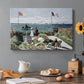 Canvas art print featuring a seaside garden with flowers, flags, and figures overlooking the water, set in a cozy kitchen setting