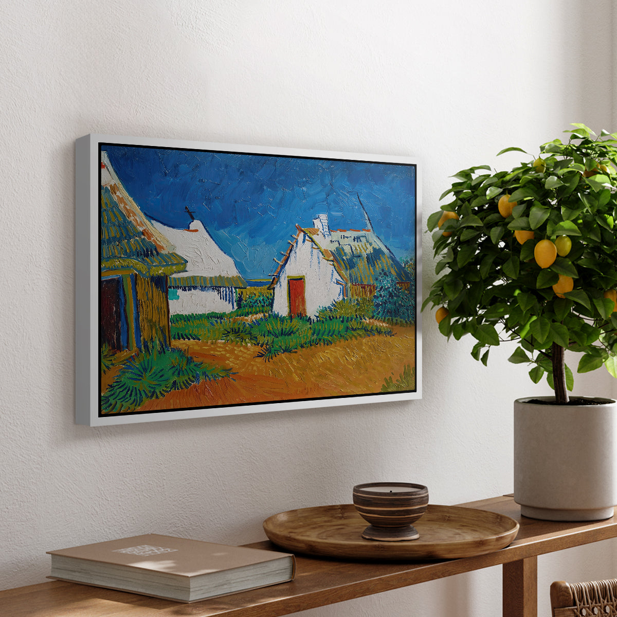 Three White Cottages at Saintes-Maries, 1888 - Floater Framed Canvas Print