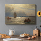 Canvas art print featuring a calm water inlet with boats and distant shoreline under soft light, set in a cozy kitchen setting