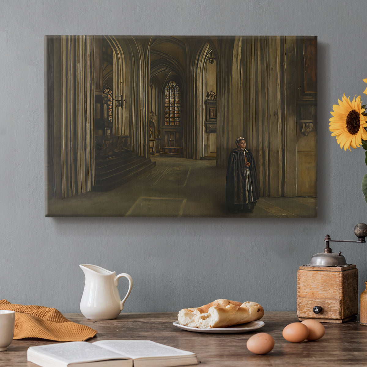 Canvas art print featuring a quiet church interior with columns, arches, and soft light, set in a cozy kitchen setting