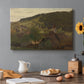 Canvas art print featuring an elevated landscape view overlooking valley and distant hills, set in a cozy kitchen setting