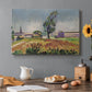Canvas art print featuring a bridge spanning a river in a quiet landscape with trees and open sky, set in a cozy kitchen setting