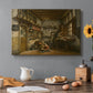 Canvas art print featuring a man working at table inside rustic interior filled with tools and objects, set in a cozy kitchen setting