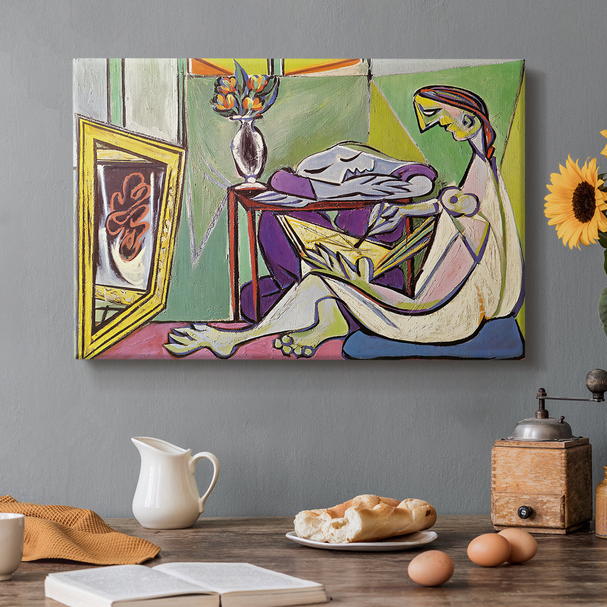Canvas art print featuring an abstract female figure composed of geometric shapes, set in a cozy kitchen setting