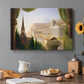 Canvas art print featuring a grand architectural fantasy with multiple historical structures in unified composition, set in a cozy kitchen setting