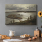 Canvas art print featuring a fjord landscape with water, shoreline, and distant hills under soft sky, set in a cozy kitchen setting