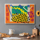Canvas art print featuring an abstract arrangement of organic cut-out shapes in bold contrasting colors, set in a cozy kitchen setting