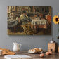 Canvas art print featuring a group of people seated around table sharing meal in interior, set in a cozy kitchen setting