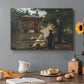 Canvas art print featuring a priest standing beside stone sarcophagus in quiet architectural setting, set in a cozy kitchen setting