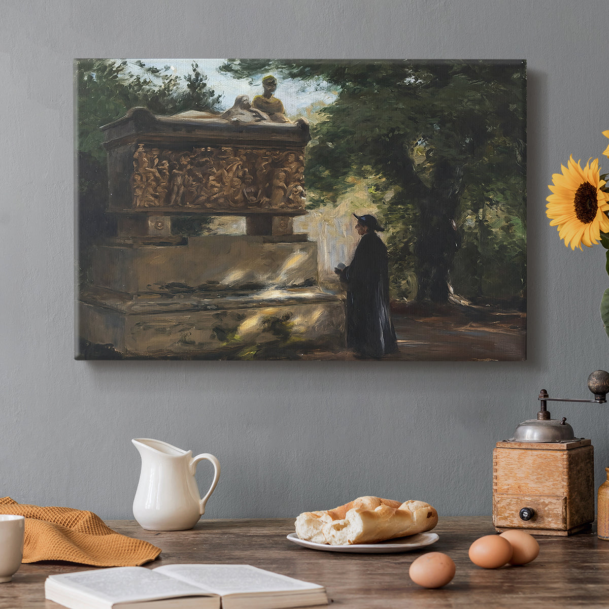 Canvas art print featuring a priest standing beside stone sarcophagus in quiet architectural setting, set in a cozy kitchen setting