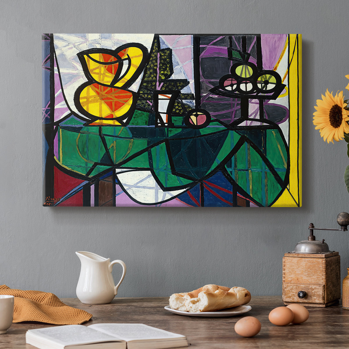 Canvas art print featuring a still life with pitcher and fruit in cubist composition, set in a cozy kitchen setting